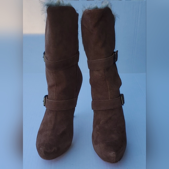 Paris Hilton Candace Brown Heeled Boots with Buckle and Faux Fur Detail Sz 10M - Picture 12 of 16
